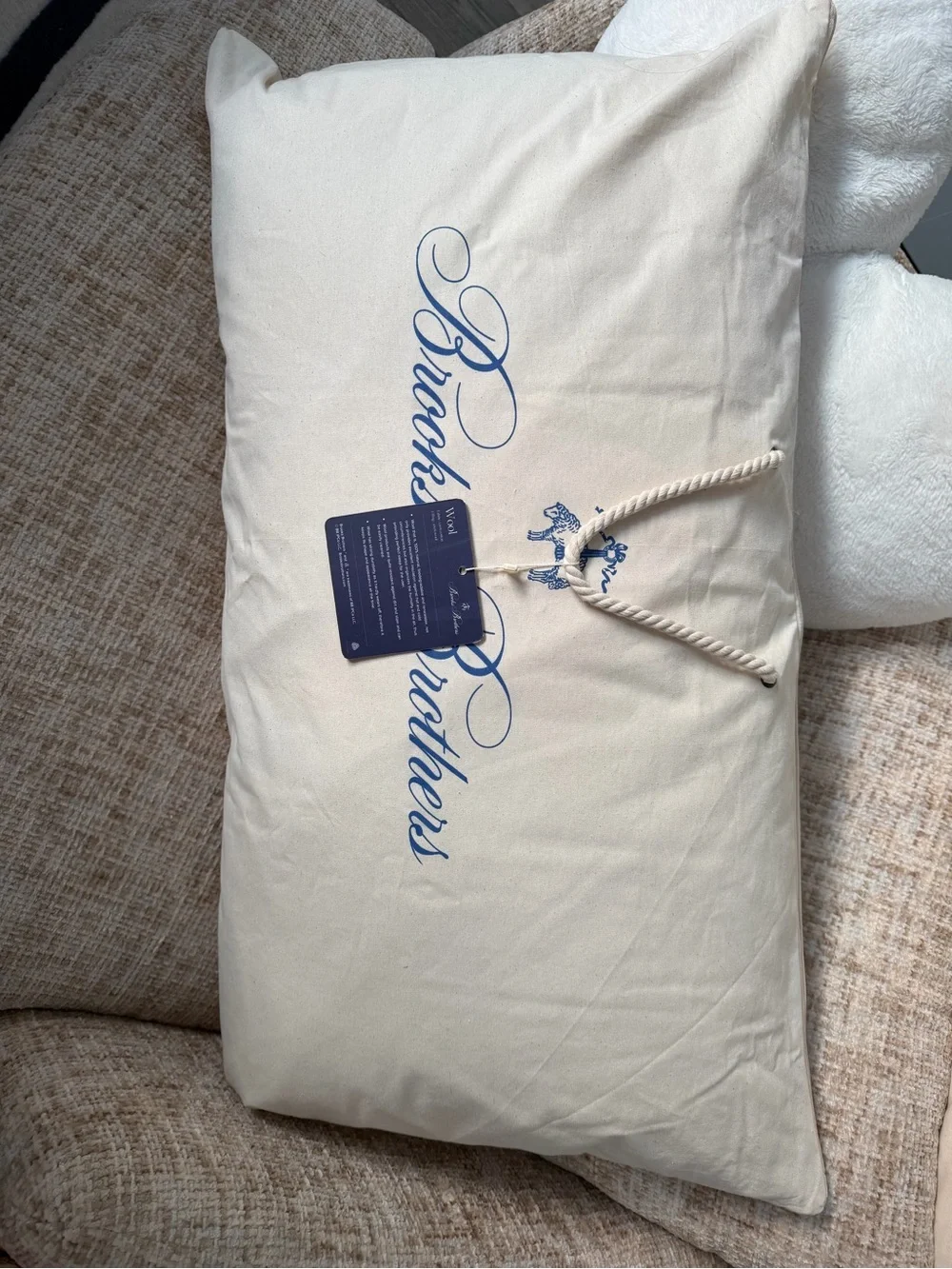 Brooks Brothers Cream Pillow Bag with Blue Logo
